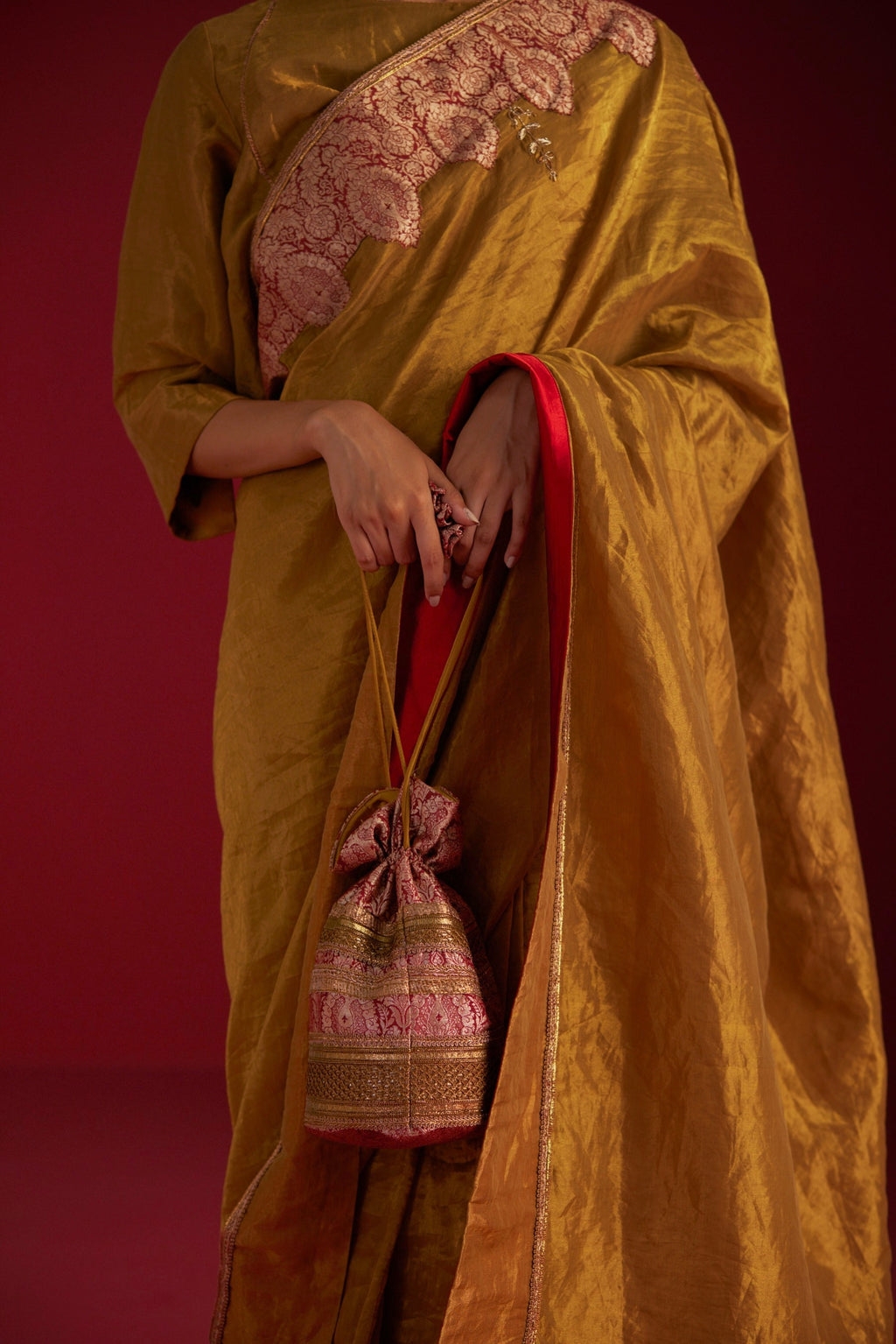 Ayesha Gold Tissue Saree with Red Oji Brocade Border