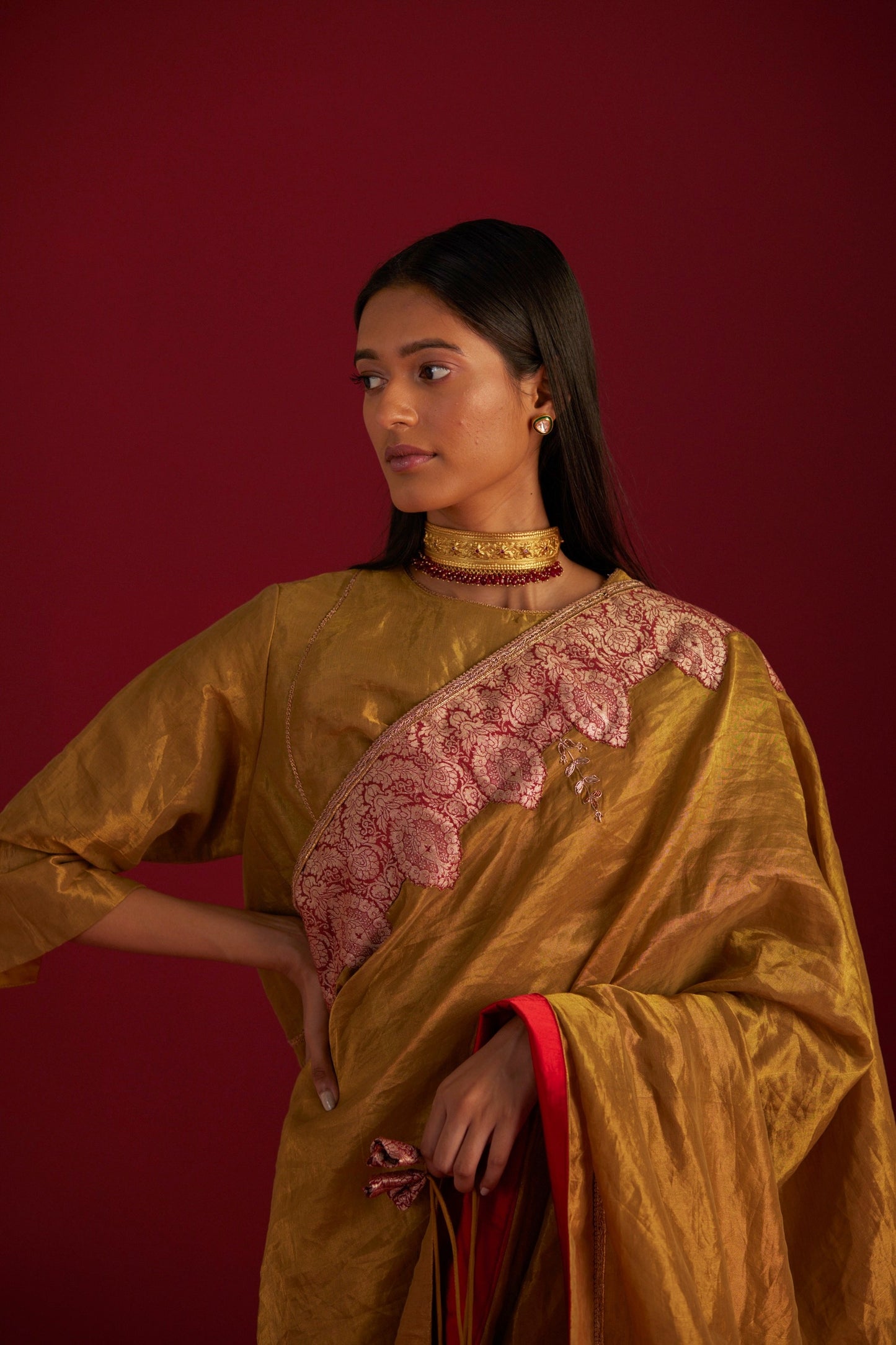 Ayesha Gold Tissue Saree with Red Oji Brocade Border