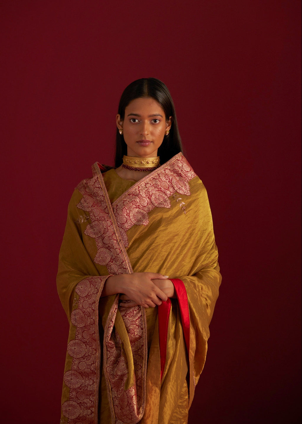 Ayesha Gold Tissue Saree with Red Oji Brocade Border