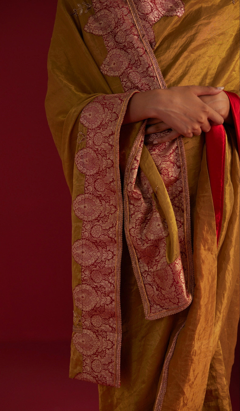 Ayesha Gold Tissue Saree with Red Oji Brocade Border