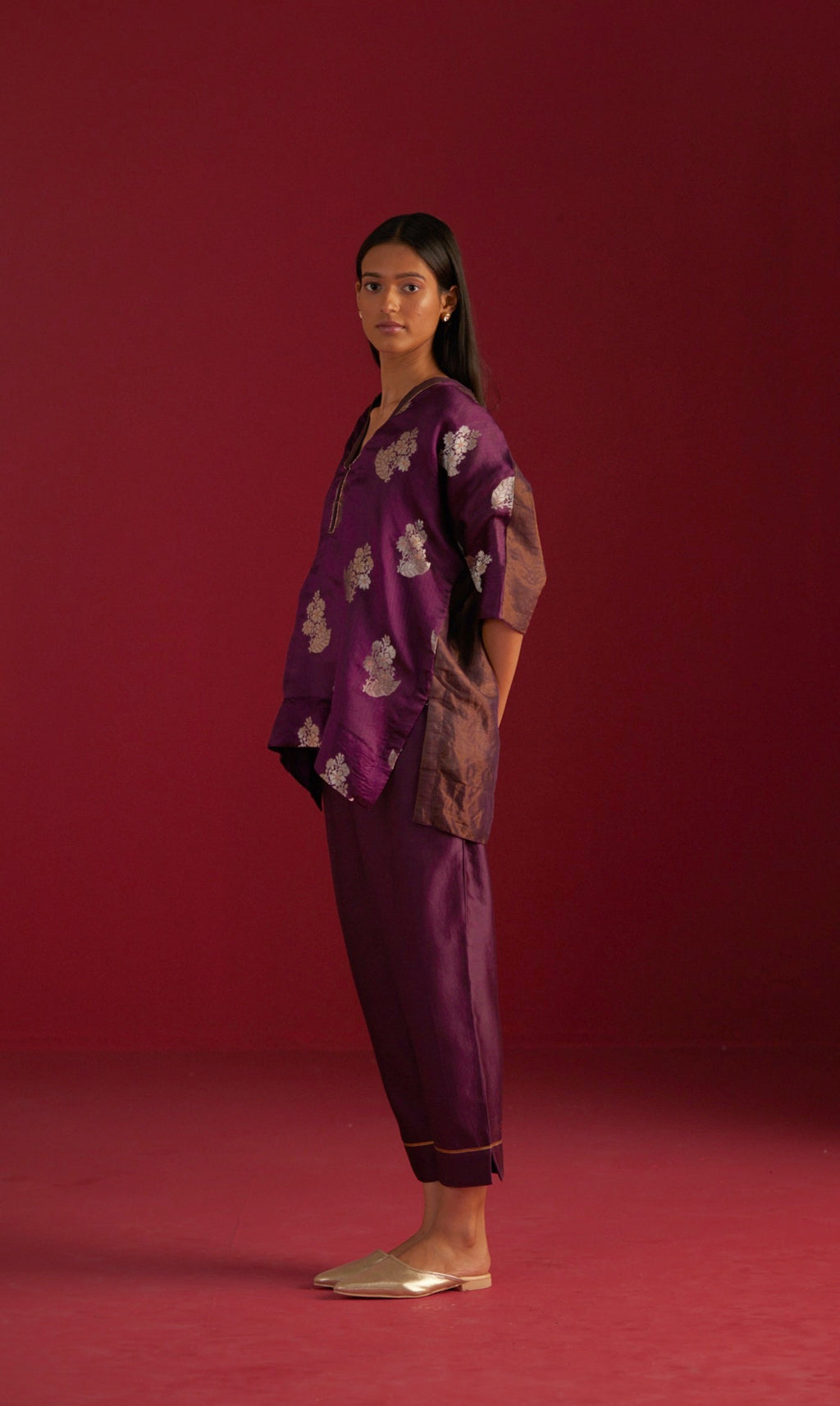 Brocade Kaftan Top in Purple with Pants