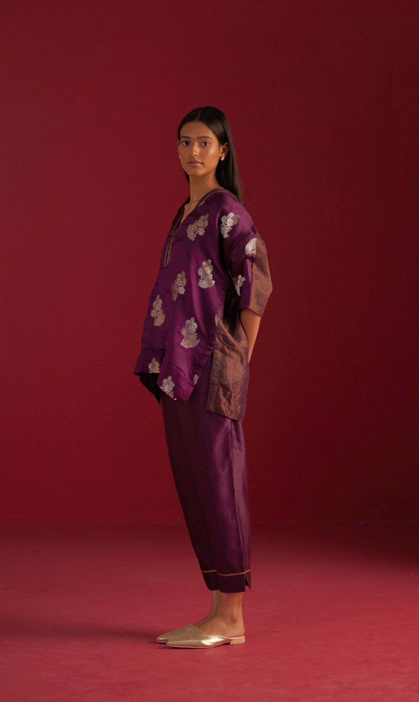 Brocade Kaftan Top in Purple with Pants