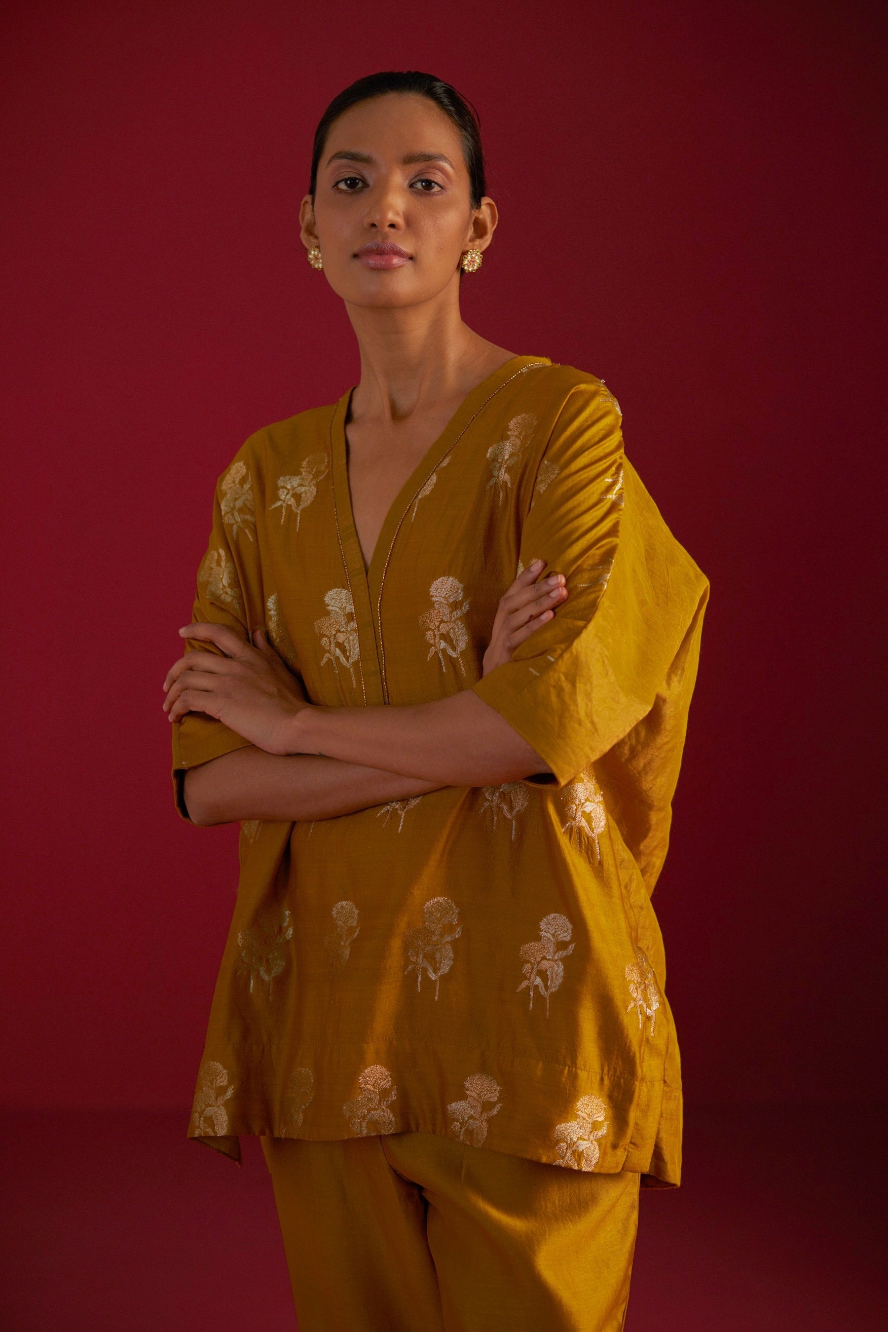 Brocade Kaftan Top in Ochre with Pants