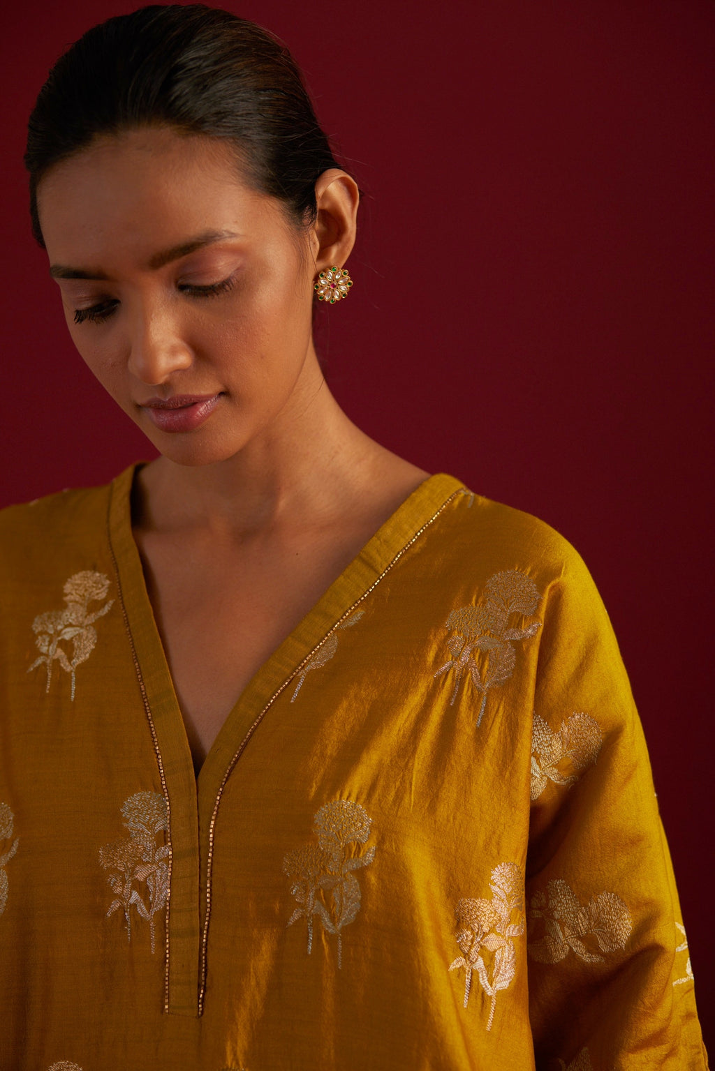 Brocade Kaftan Top in Ochre with Pants