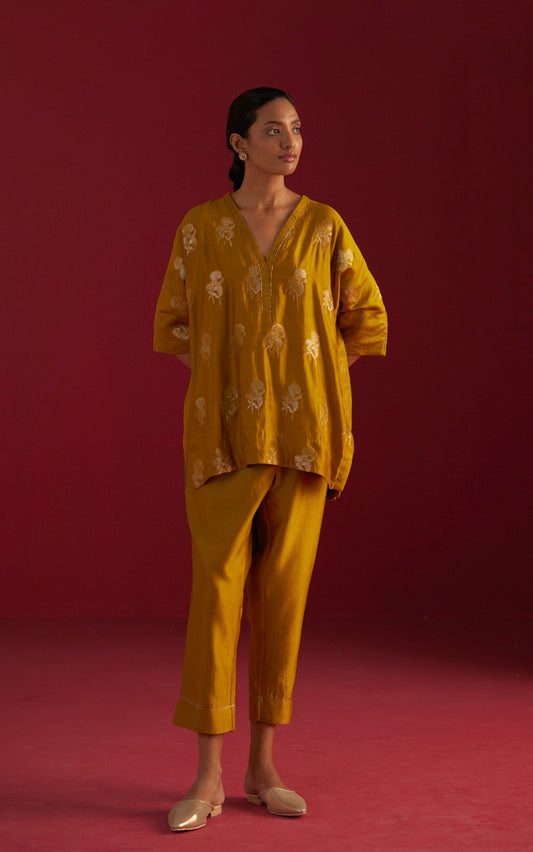 Brocade Kaftan Top in Ochre with Pants