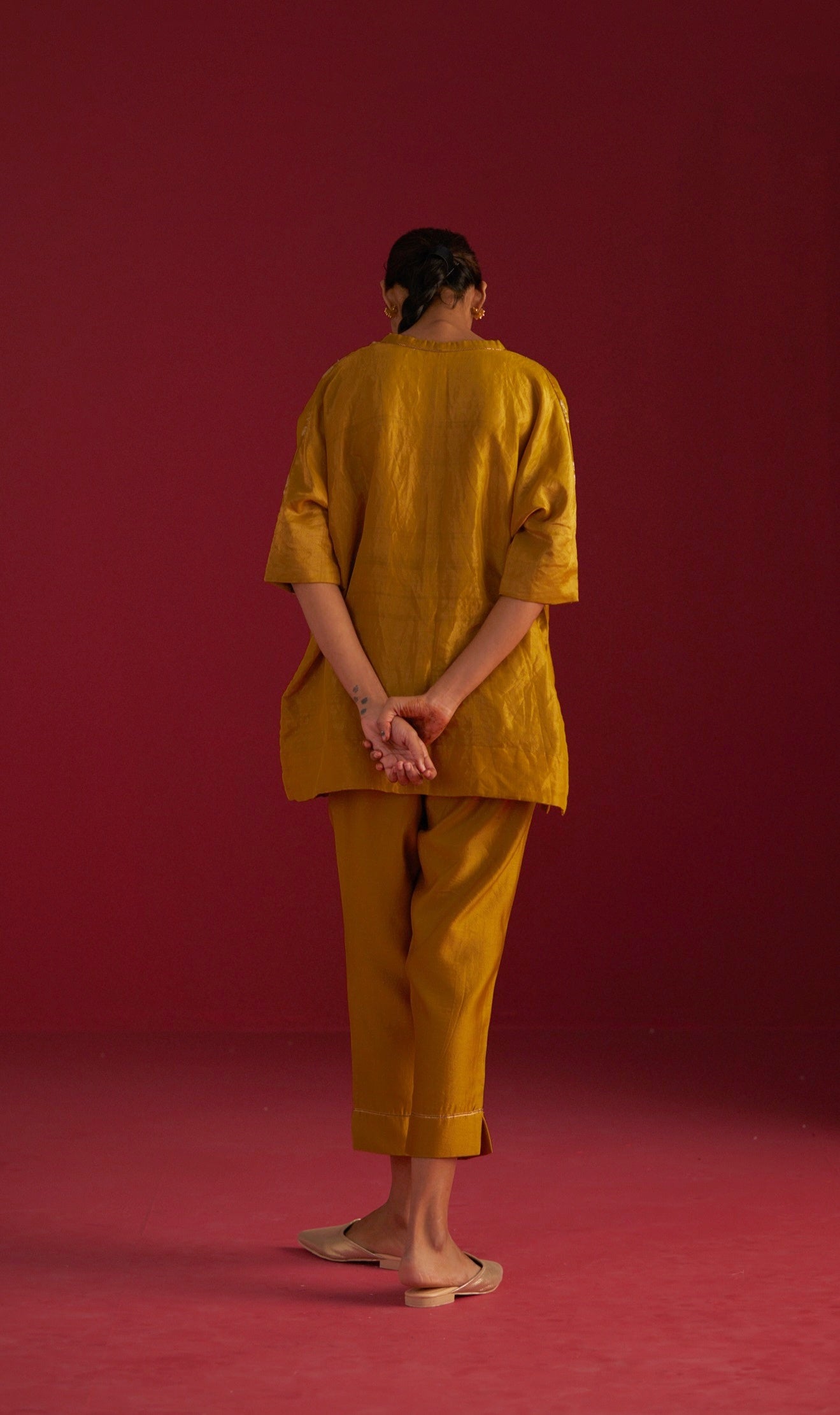 Brocade Kaftan Top in Ochre with Pants