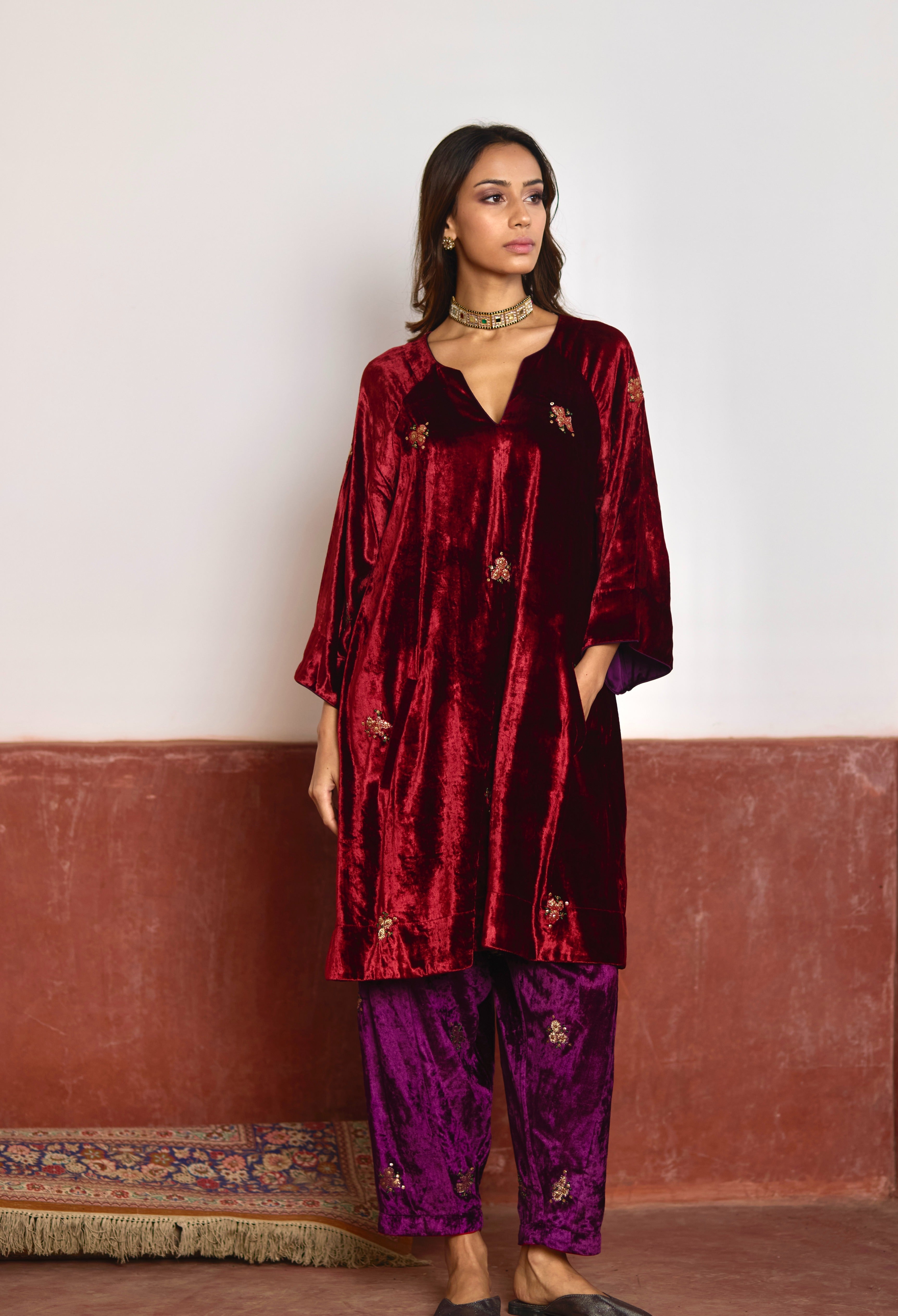 MD Kurta in Red Velvet with Purple Velvet Salwar