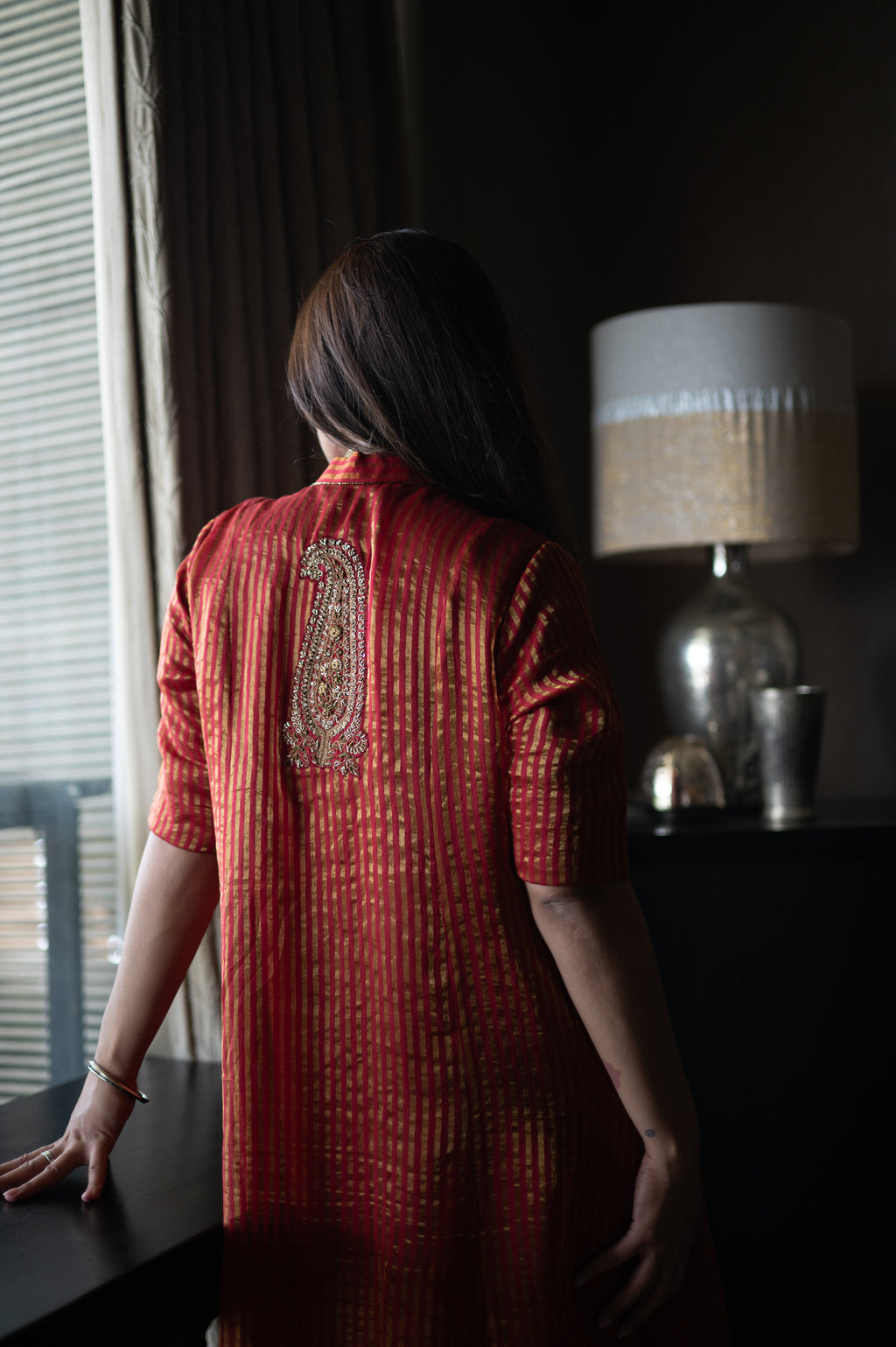 Sashiko Anarkali Dress in Red Sameena Tissue stripe