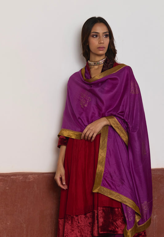 Silk Dupatta in Purple with block printing