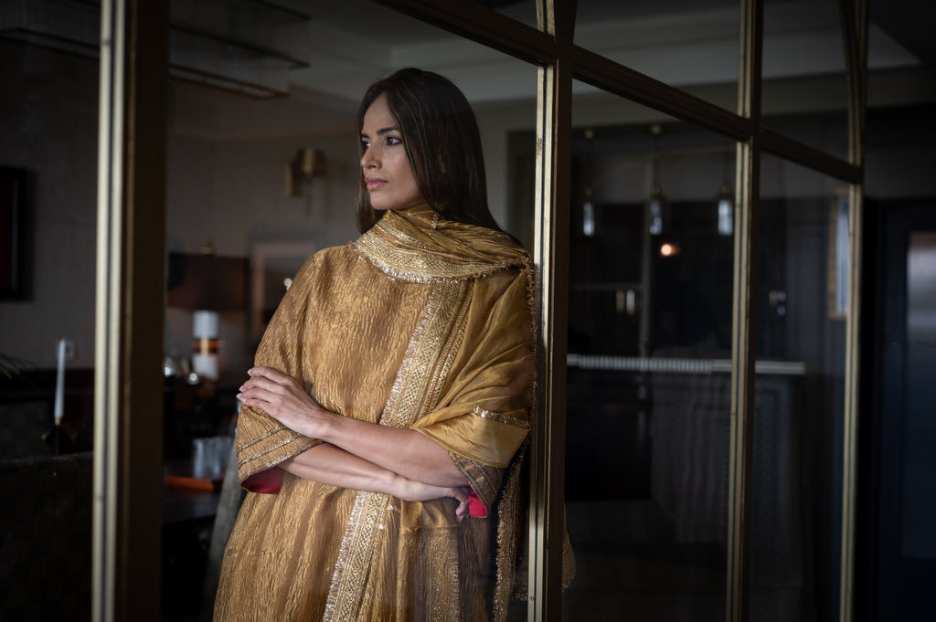 Sunhera Anu Kurta in Gold Crushed Tissue with Gold Crushed Tissue Pant
