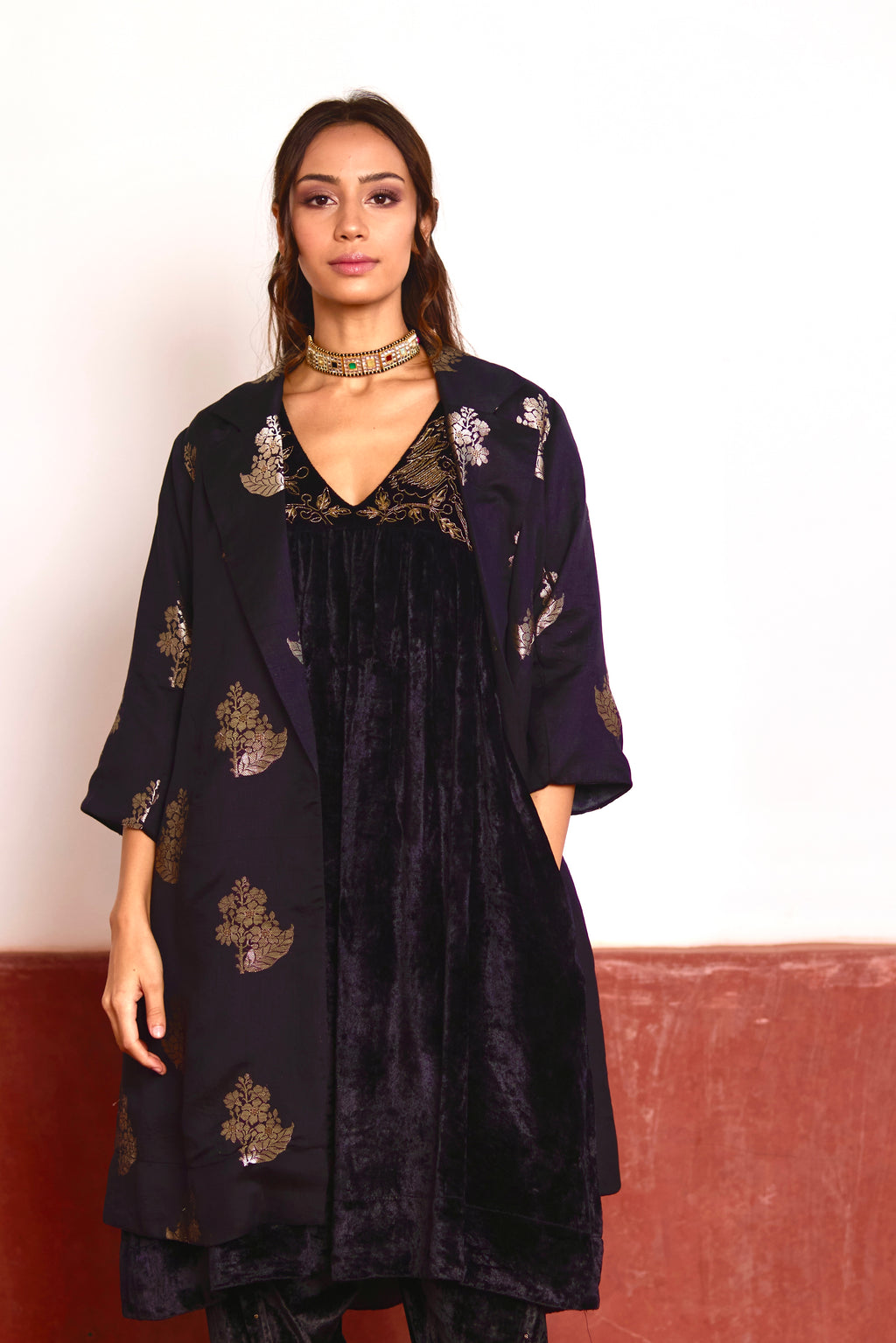 Empireline Kurta in Black Velvet with Black Salwar