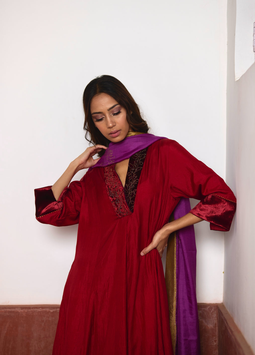 Silk Dupatta in Purple with block printing