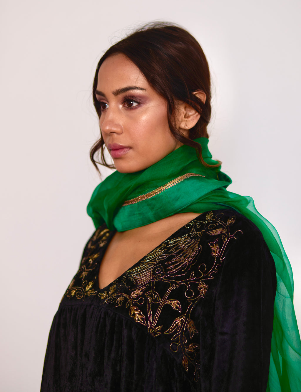 Empireline Kurta in Black Velvet with Black Salwar