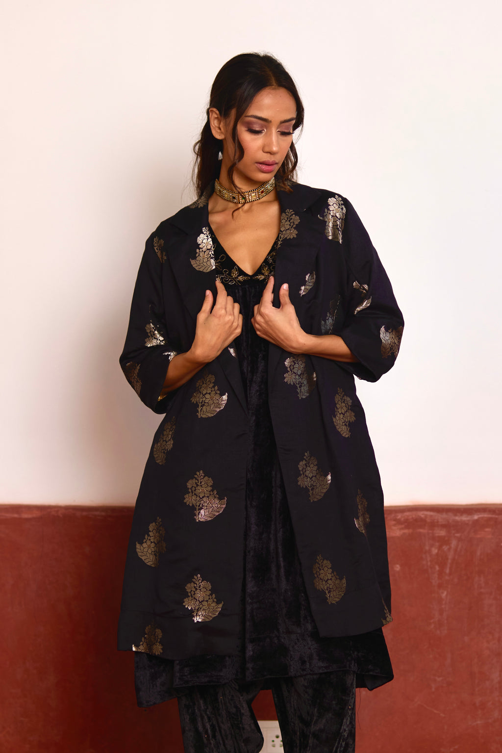 Empireline Kurta in Black Velvet with Black Salwar