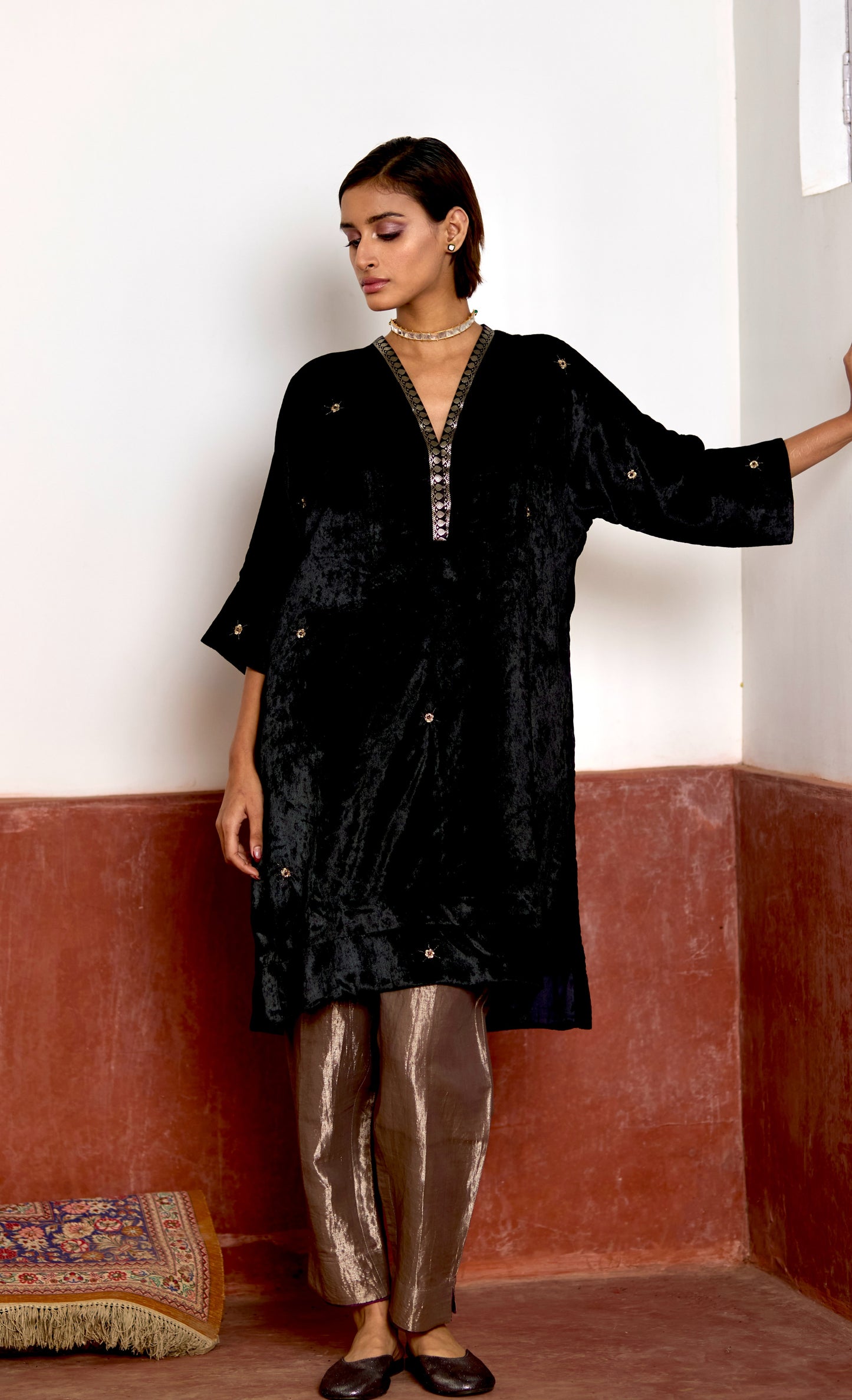 Kaftan in Black Velvet with Silver Tissue Pant