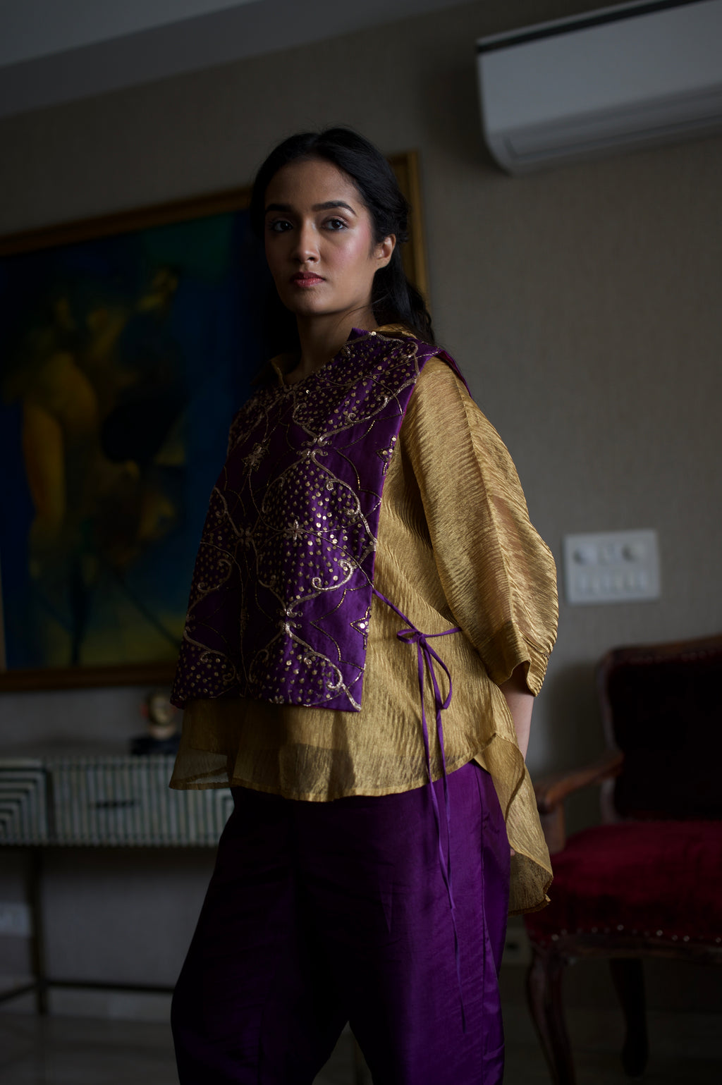 Rajkumari Tabard in Purple Chanderi with Gold Crushed Shirt