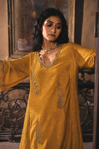 Rumi Anarkali in Cotton silk with kalis in Ochre yellow