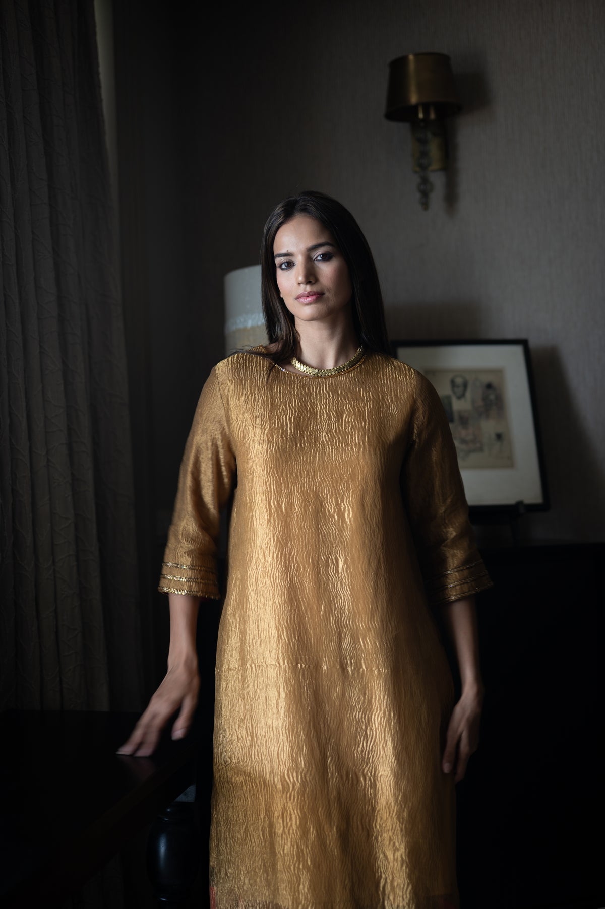 Sunhera Anu Kurta in Gold Crushed Tissue with Gold Crushed Tissue Pant