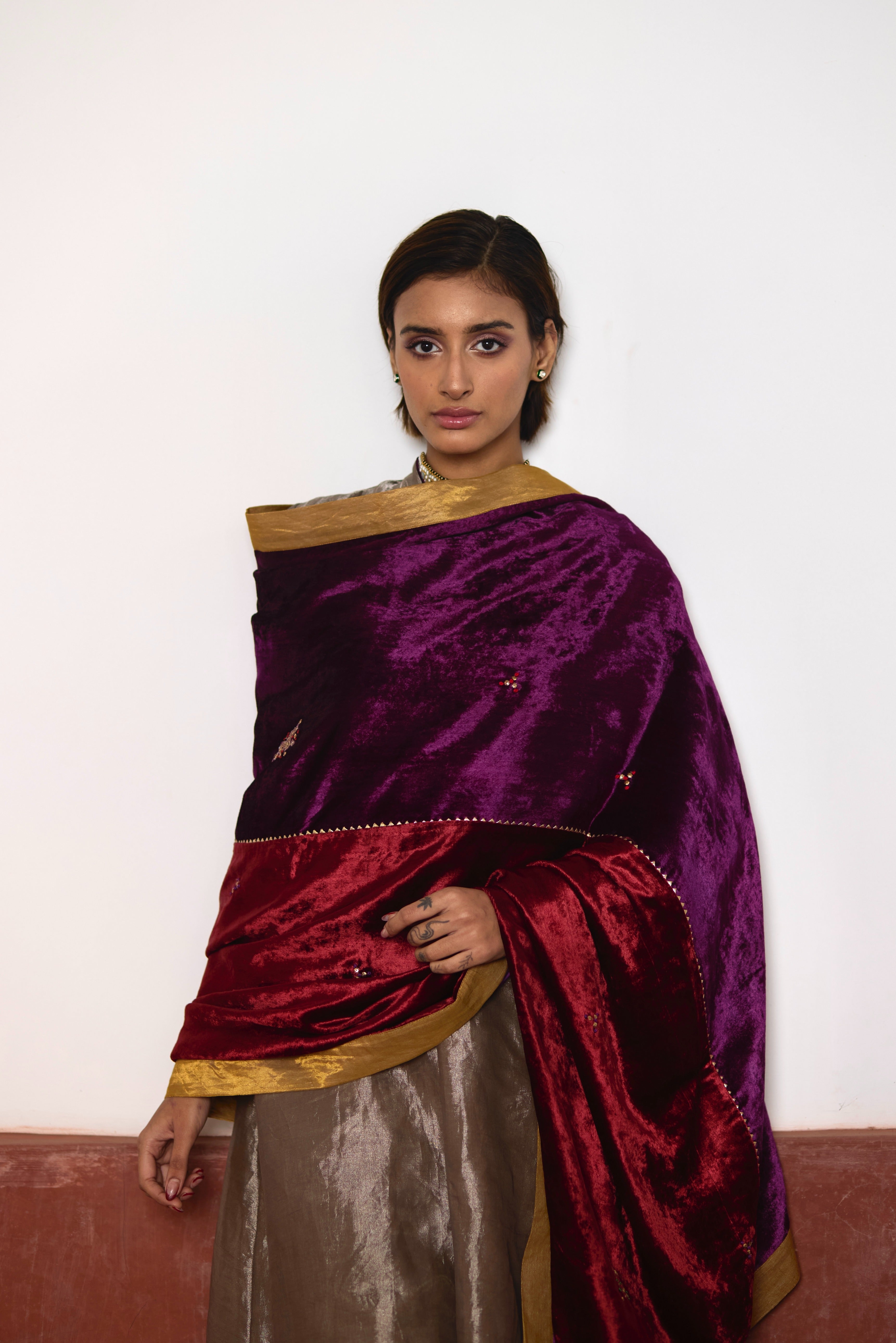 Half & Half  Velvet Dupatta in Red and Purple