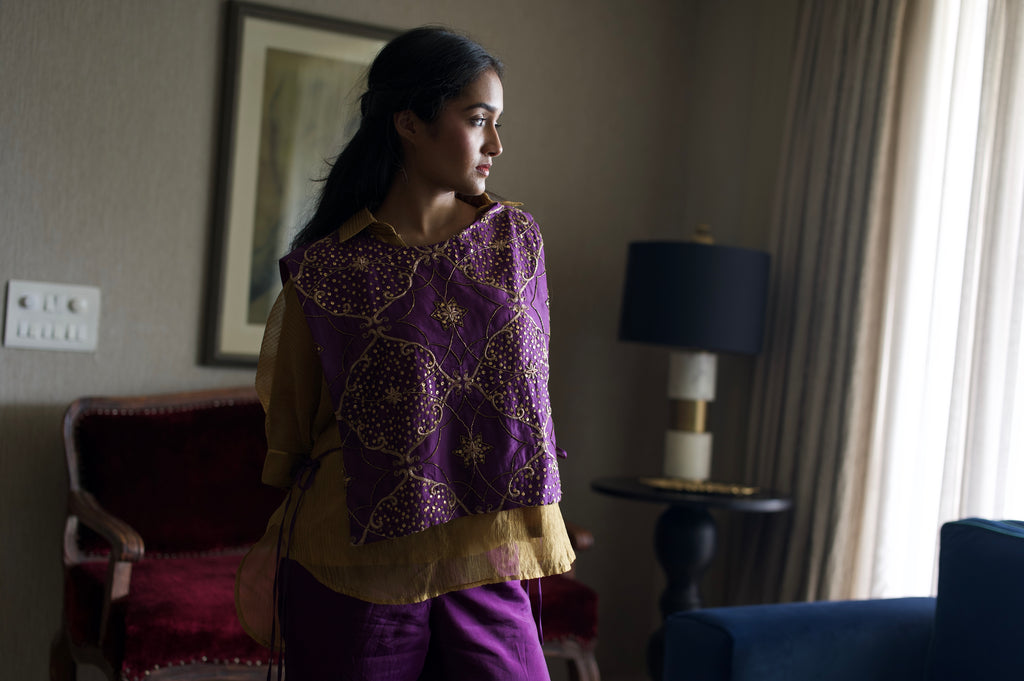 Rajkumari Tabard in Purple Chanderi with Gold Crushed Shirt