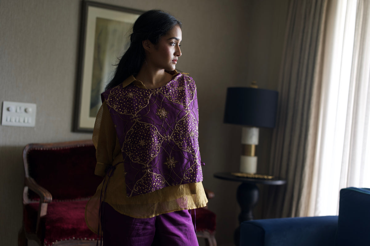 Rajkumari Tabard in Purple Chanderi with Gold Crushed Shirt