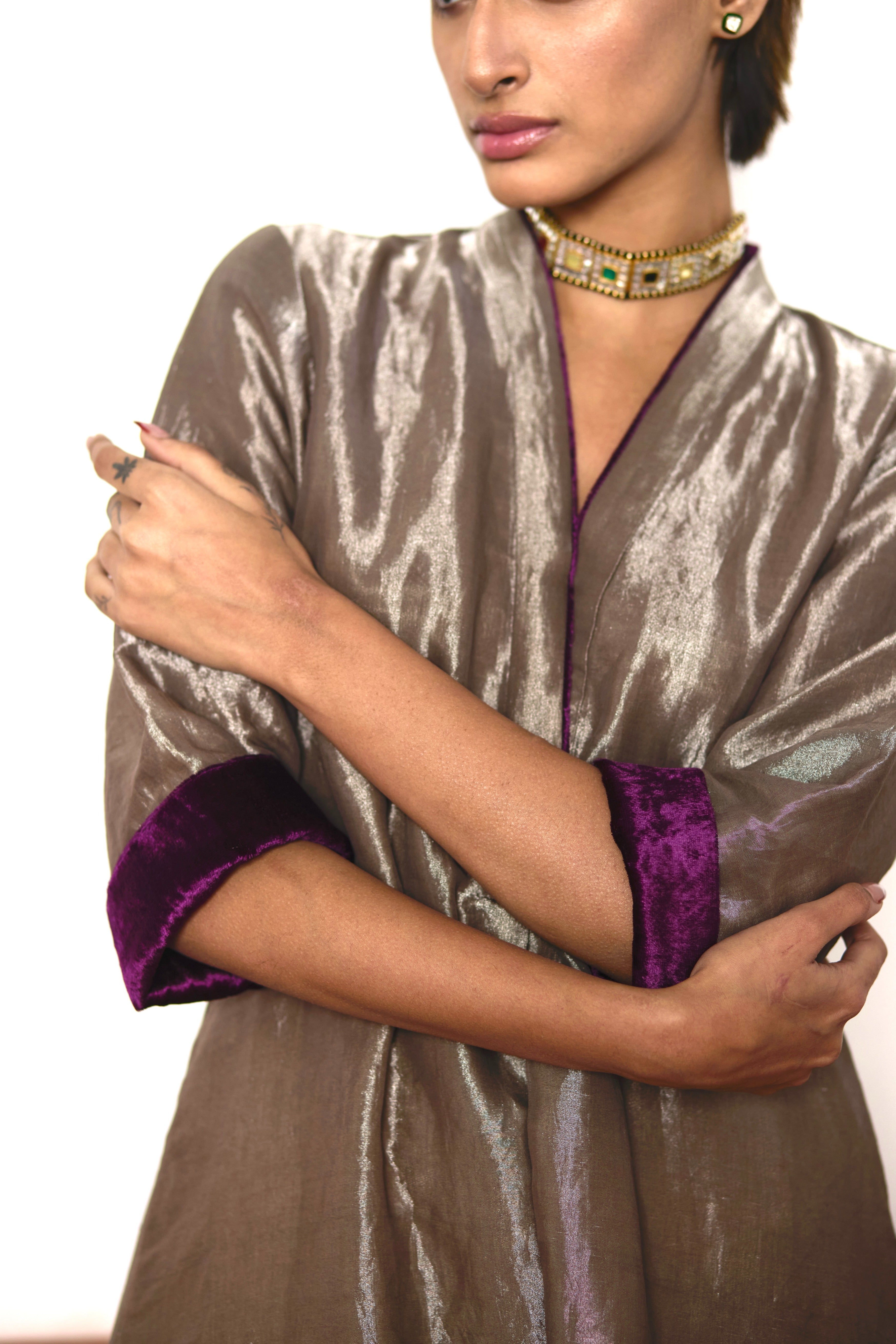 Long Sashiko Kurta in Silver Tissue with Silver Pant