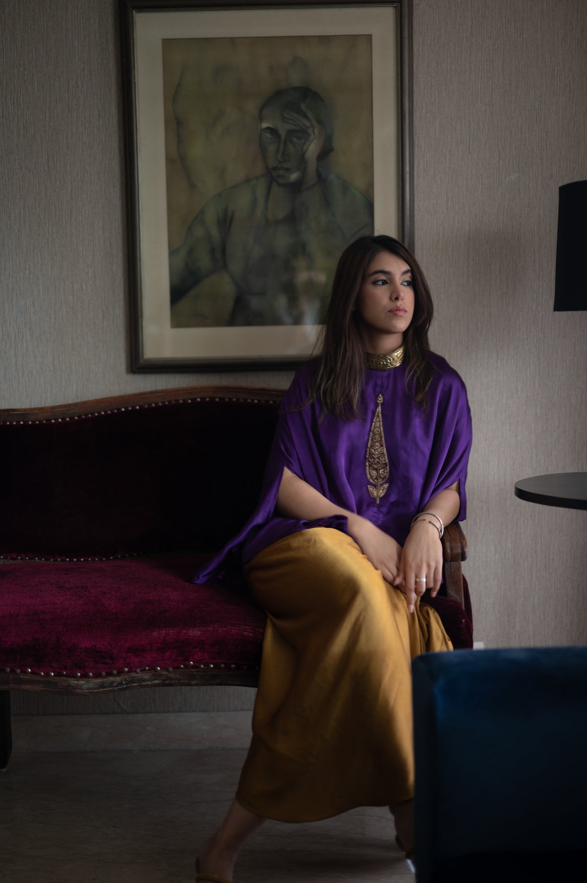 Turki Cape in purple silk with Gold Cowl Skirt