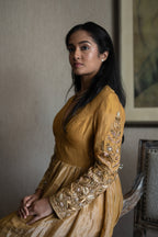 Maxi Dress in Half & Half Copper gold & silver Tissue with Embroidered Sleeves