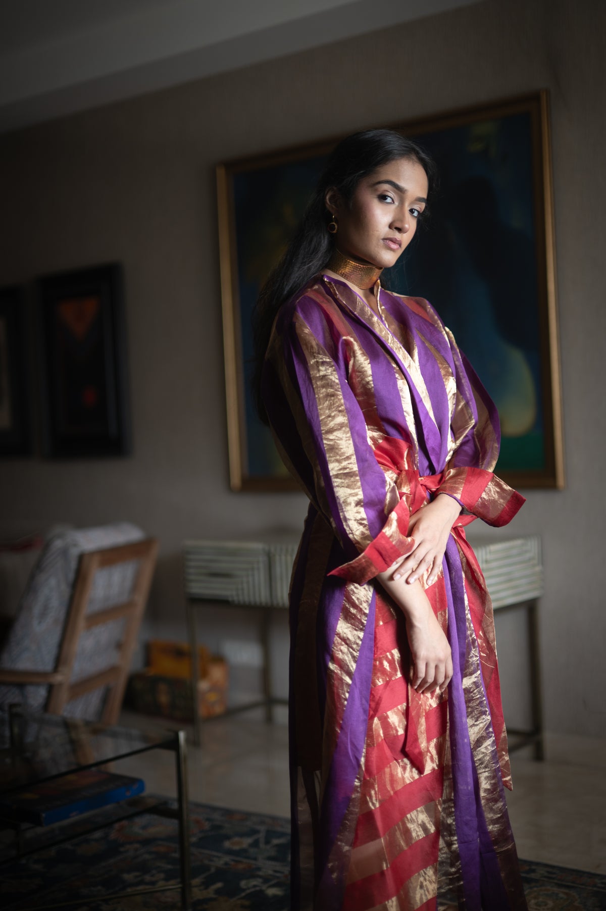 Ayesha Dress in Chanderi Stripe with Red Satin Slip