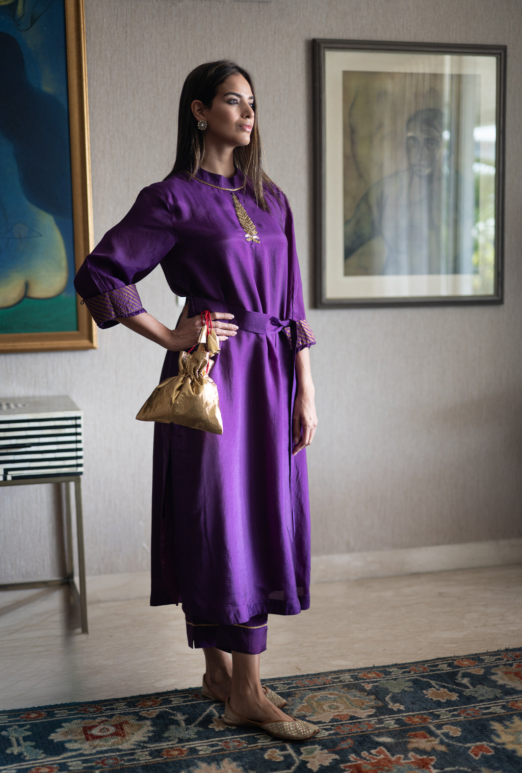Turkish Ashoka Rina Dress in Purple Silk with Purple Silk Pant