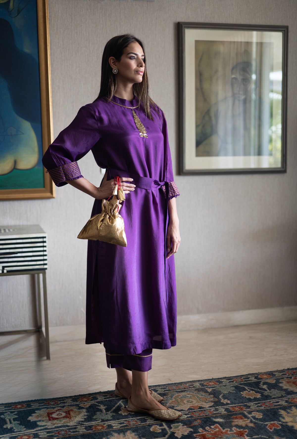 Turkish Ashoka Rina Dress in Purple Silk with Purple Silk Pant