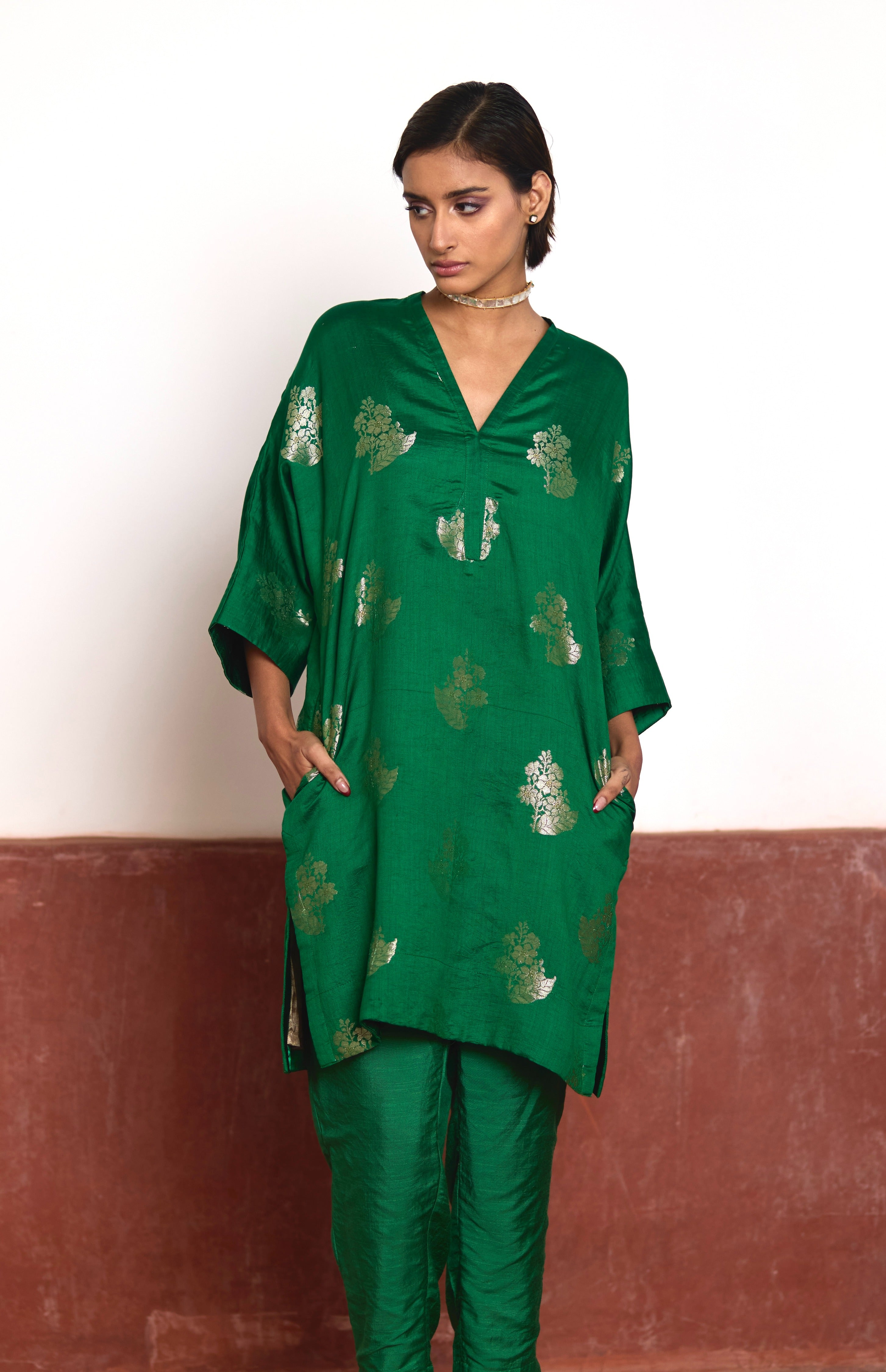 Shahi Kaftan in Green Brocade with Green Pant