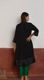 Sashiko Kurta in Black Silk with Green Pant
