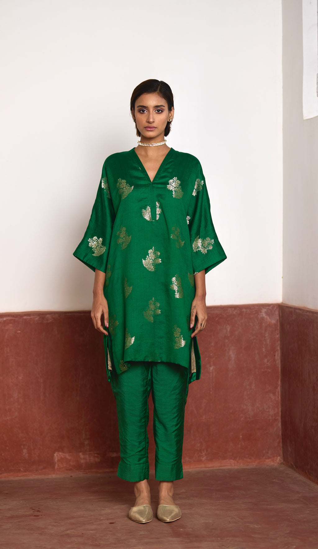 Shahi Kaftan in Green Brocade with Green Pant