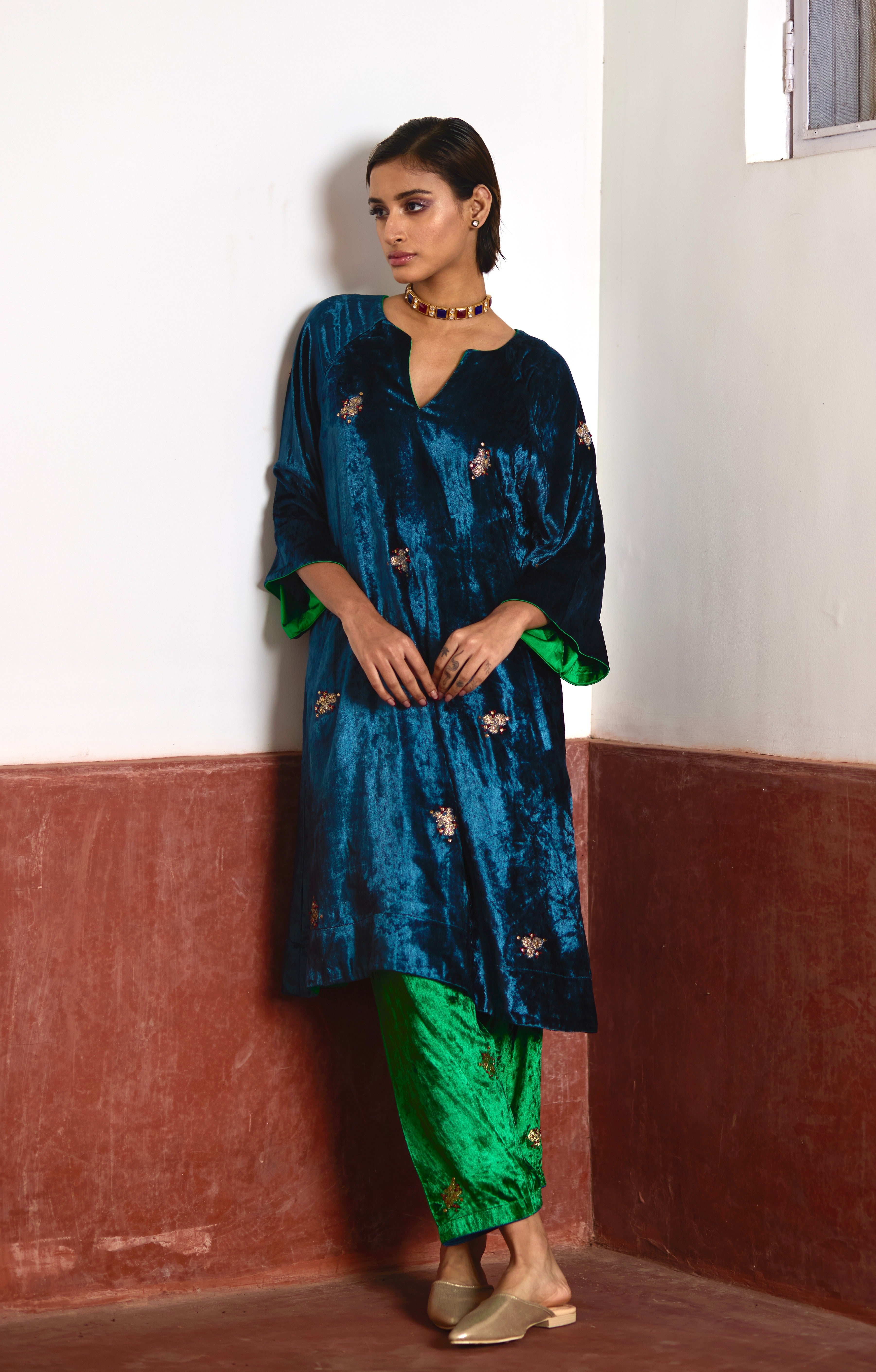 MD Kurta in Teal Velvet with Green Velvet Salwar