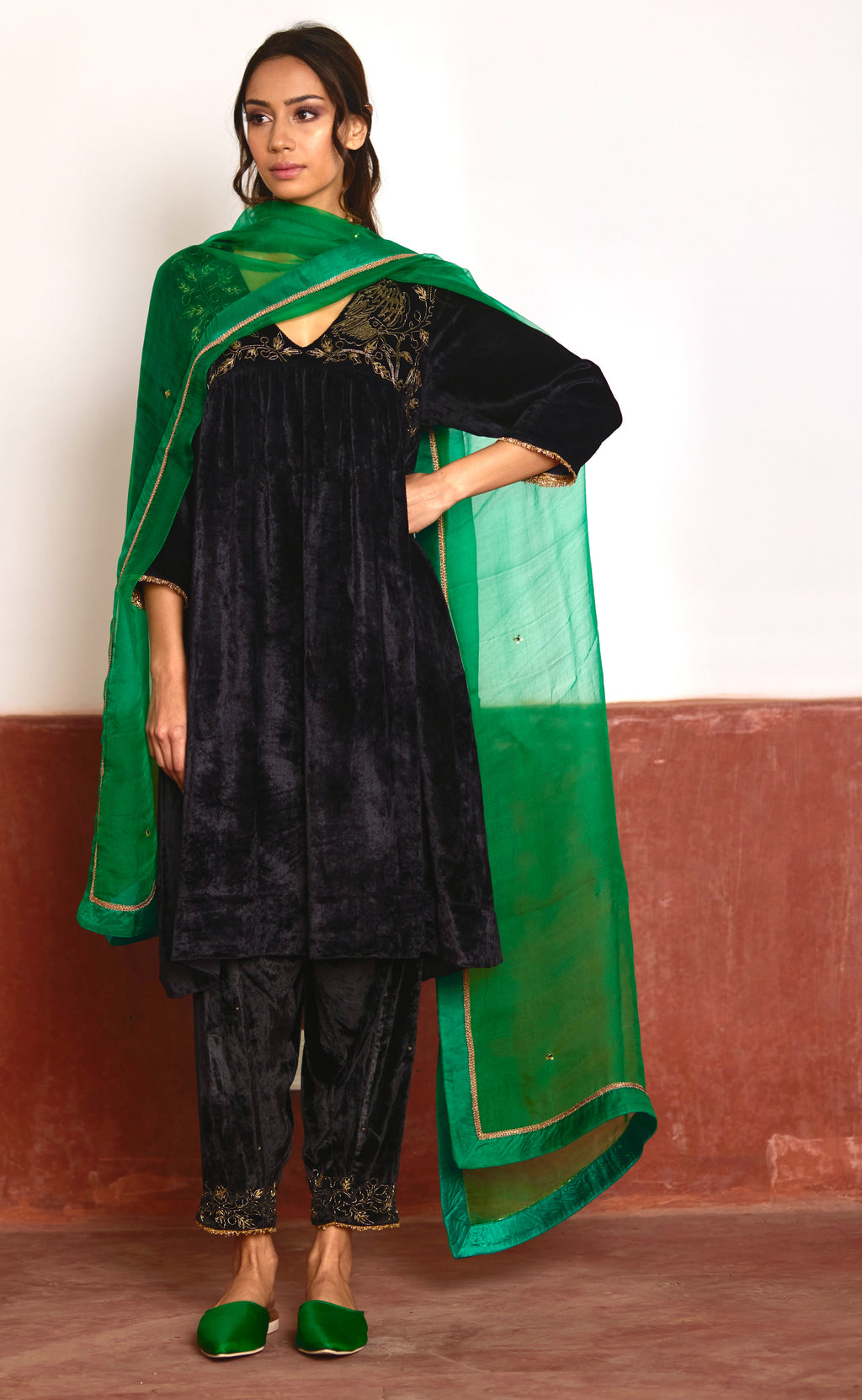 Empireline Kurta in Black Velvet with Black Salwar