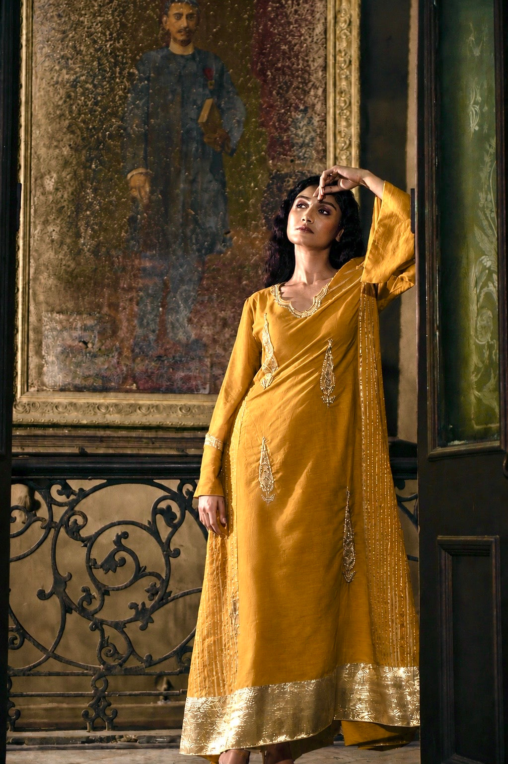 Rumi Anarkali in Cotton silk with kalis in Ochre yellow