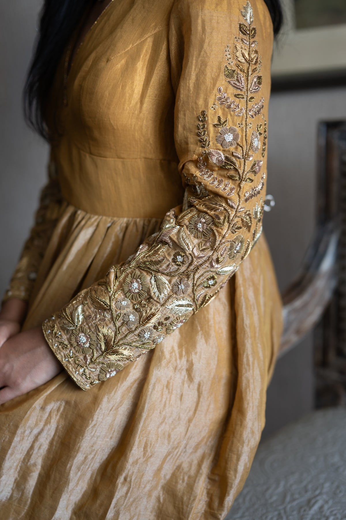 Maxi Dress in Half & Half Copper gold & silver Tissue with Embroidered Sleeves