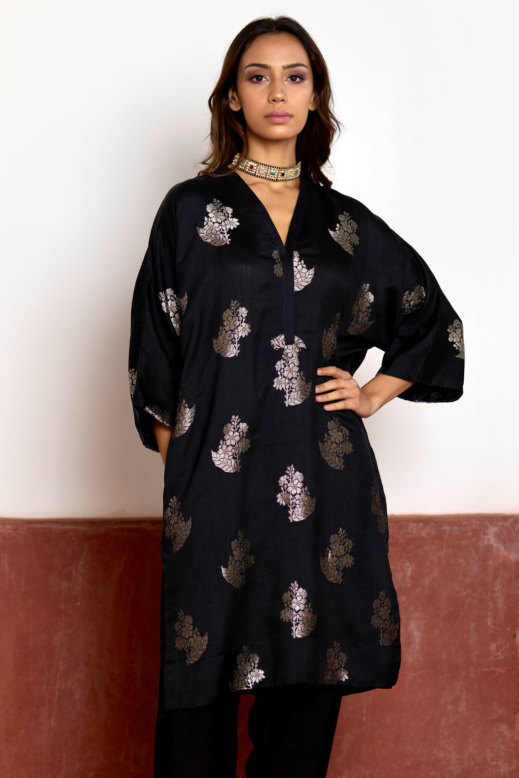 Shahi Kaftan in Black Brocade with Black Pant