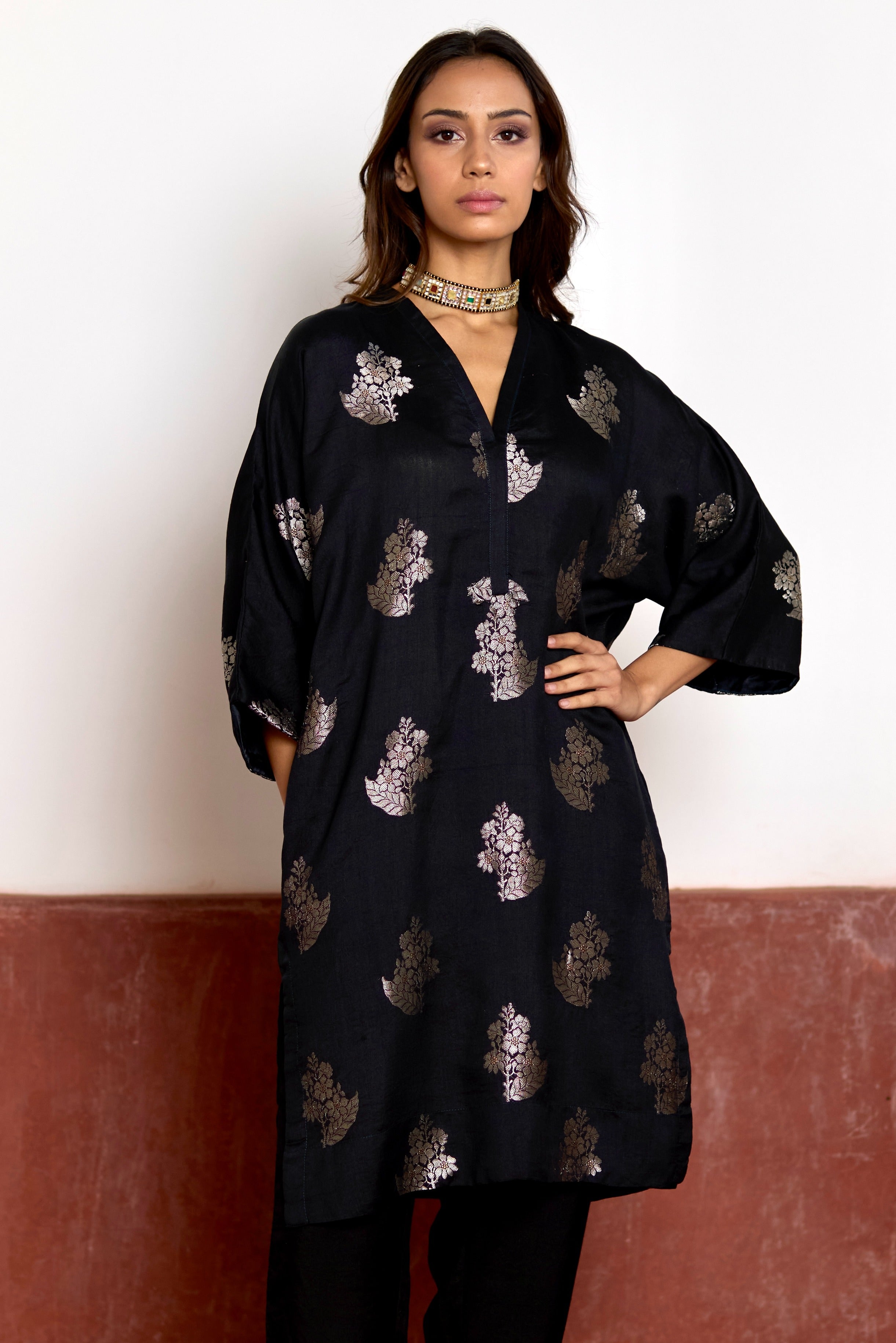 Shahi Kaftan in Black Brocade with Black Pant