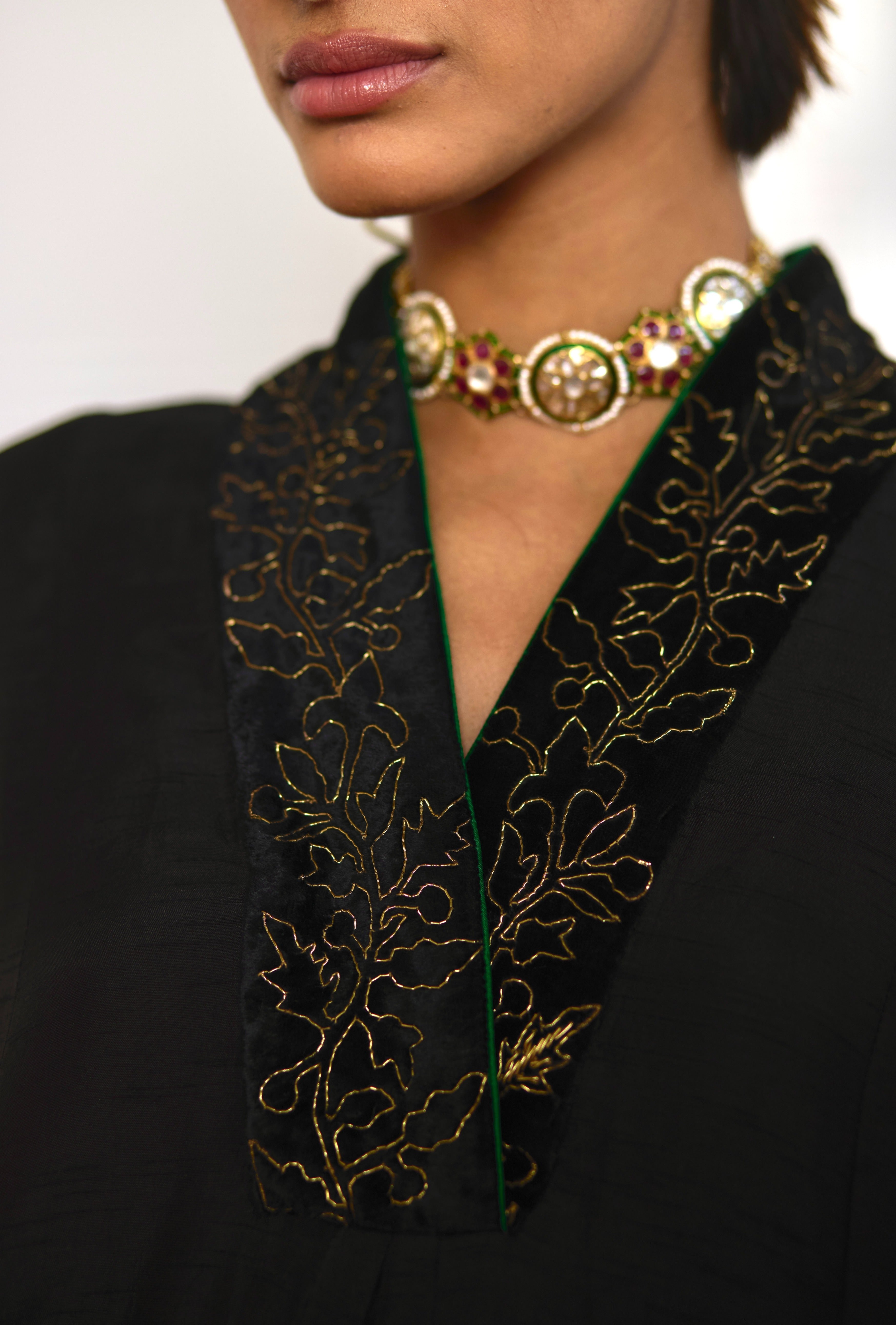 Sashiko Kurta in Black Silk with Green Pant