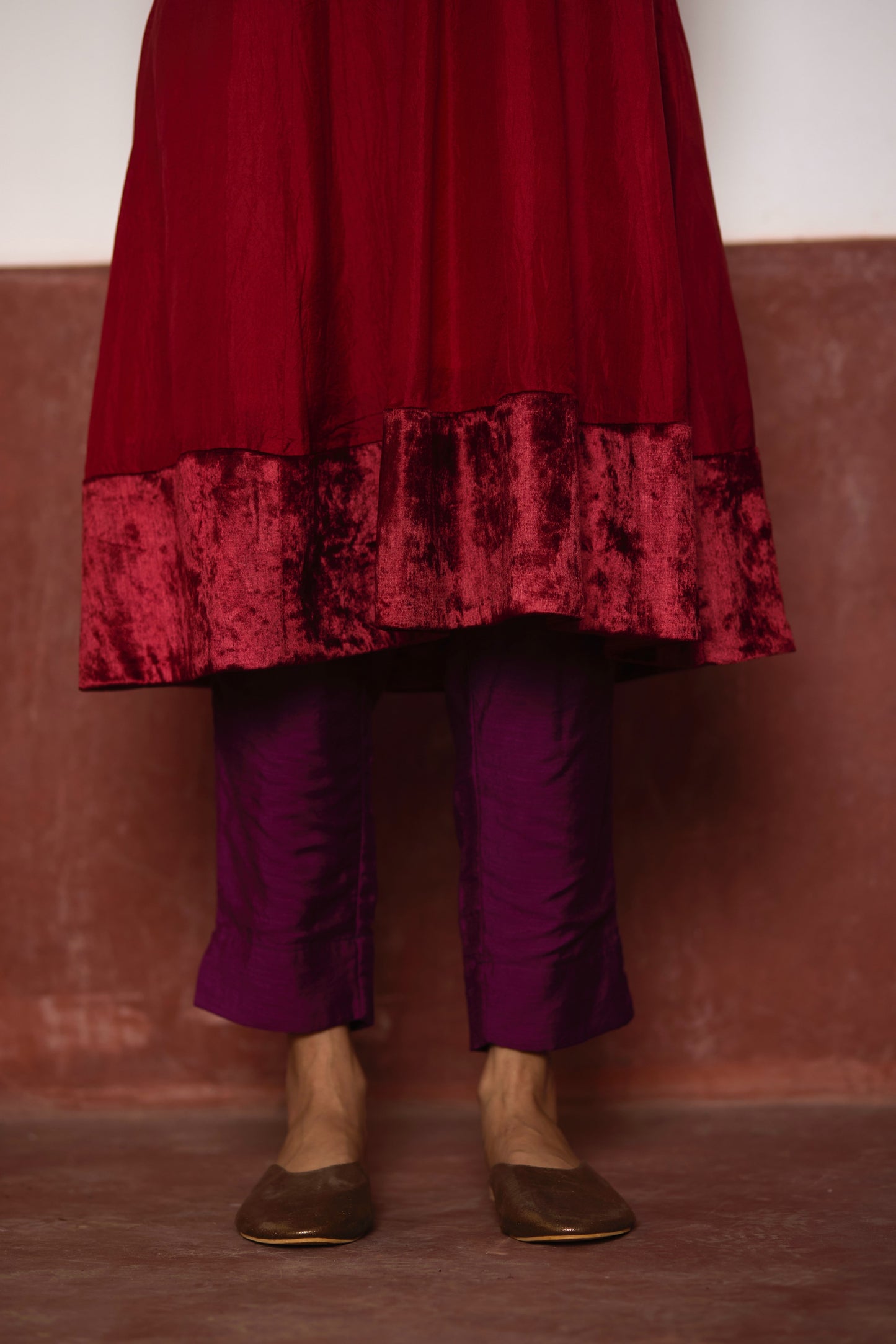 Sashiko Kurta in Red Silk with Purple Pant