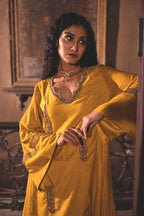 Rumi Anarkali in Cotton silk with kalis in Ochre yellow