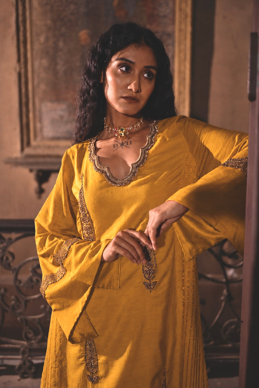 Rumi Anarkali in Cotton silk with kalis in Ochre yellow