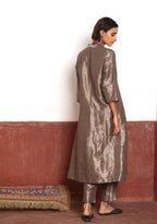 Long Sashiko Kurta in Silver Tissue with Silver Pant