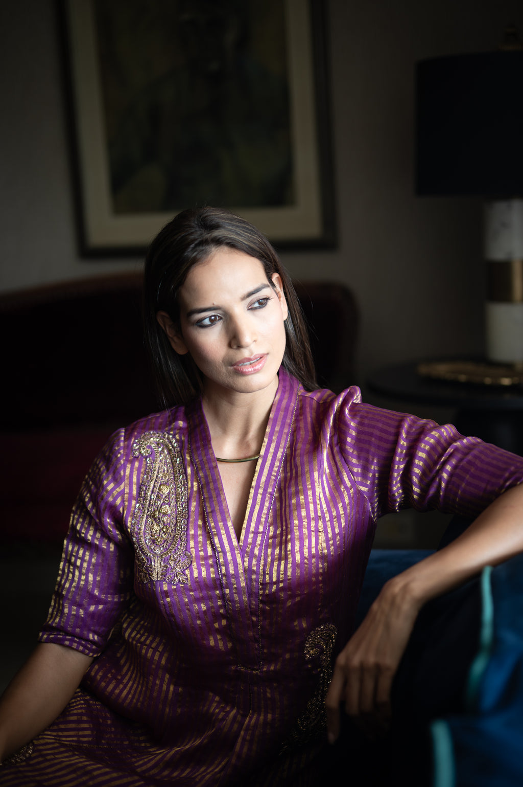 Sashiko Anarkali in Purple Sameena Tissue Stripe