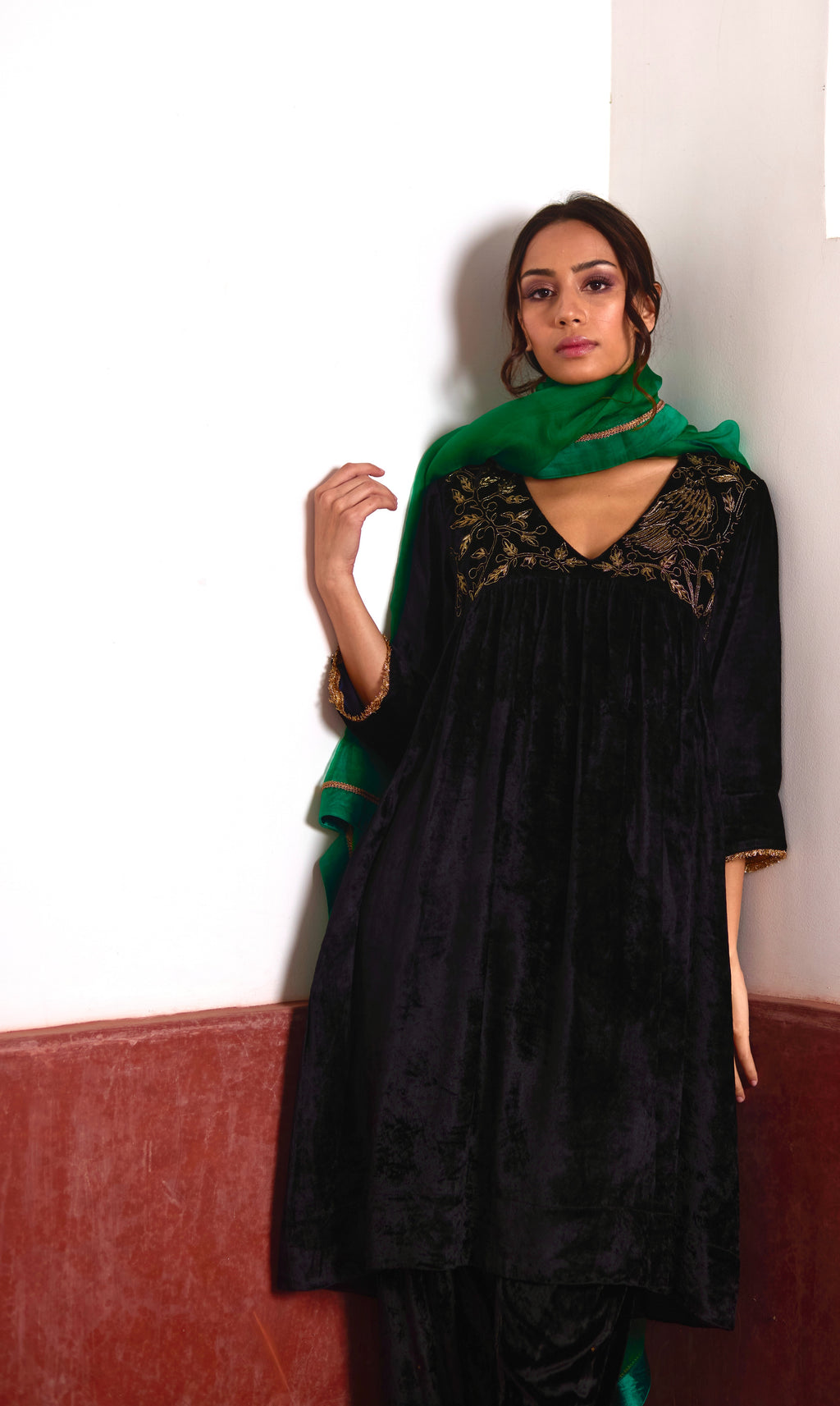 Empireline Kurta in Black Velvet with Black Salwar