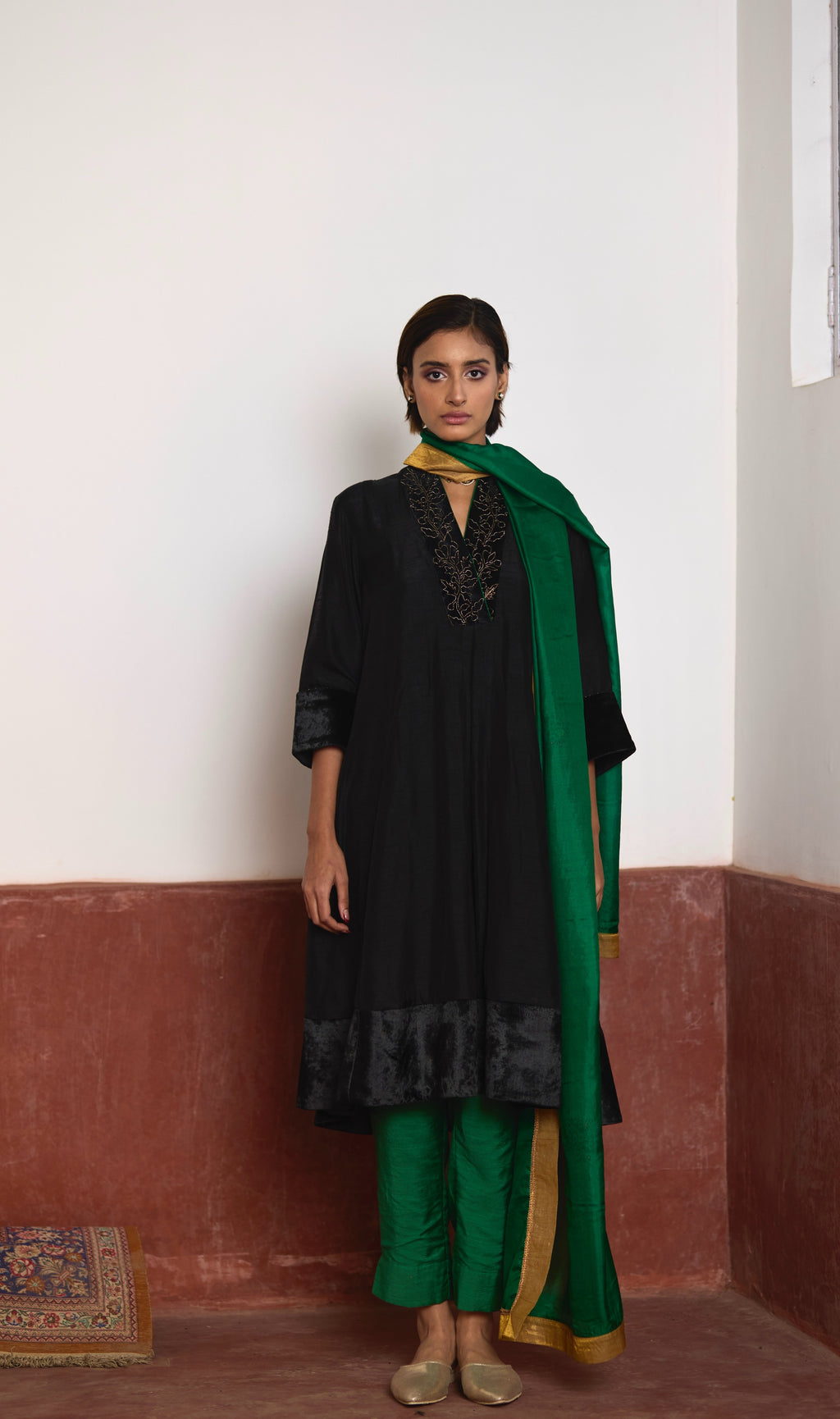Sashiko Kurta in Black Silk with Green Pant