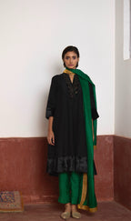 Sashiko Kurta in Black Silk with Green Pant
