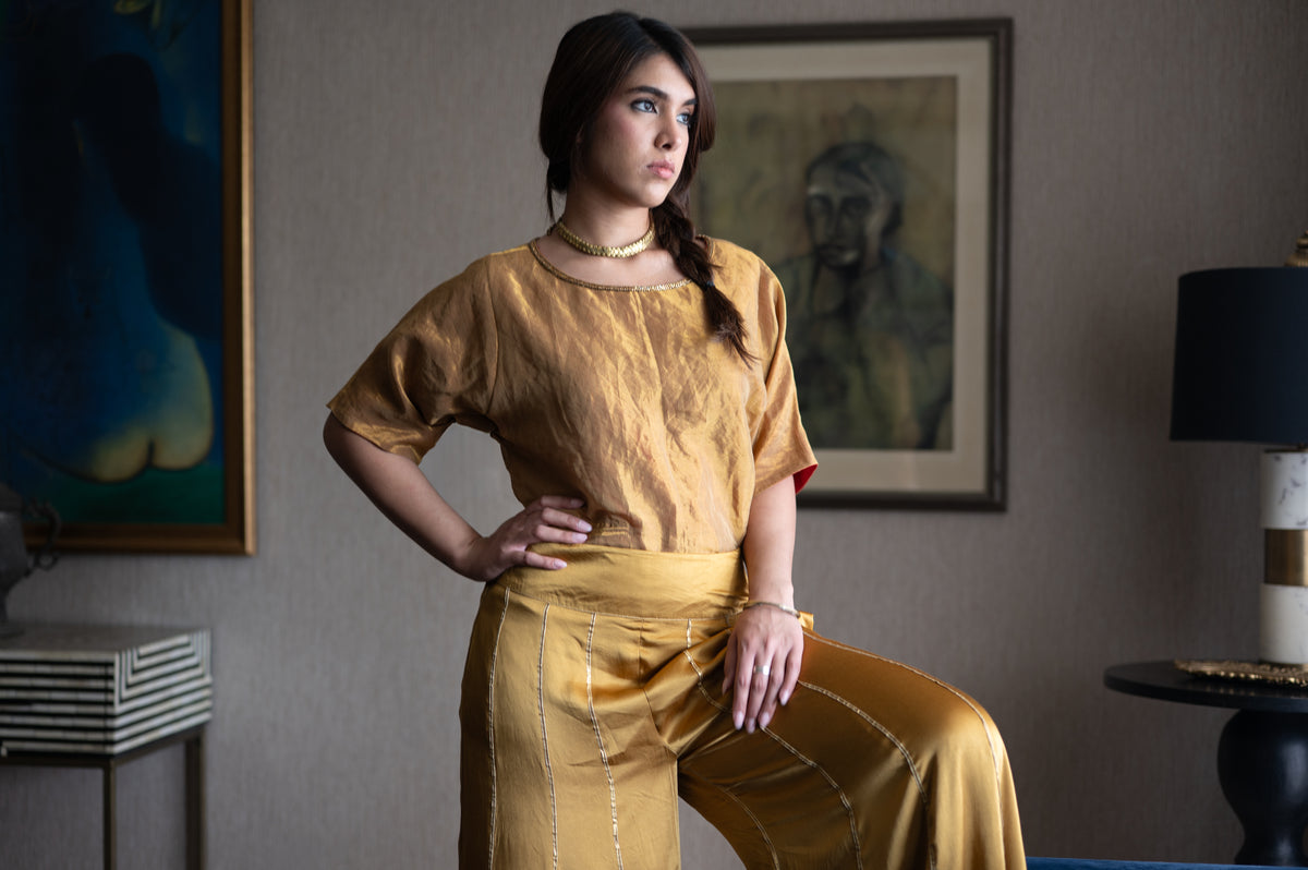 Sunheri Bandi Top in Gold Tissue with Gaara pant in Gold Satin Silk